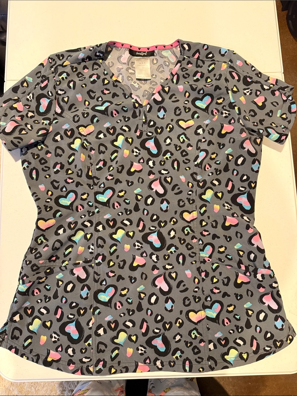 HeartSoul Gray Scrub Top with Multicolor Heart & Leopard Print - Medium